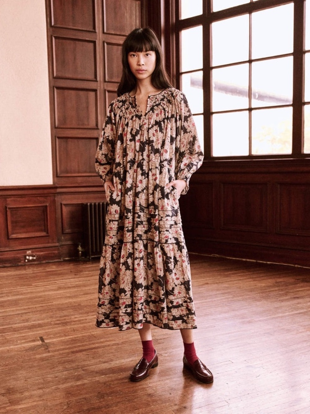 THE GREAT. Floral Maxi Dress in Black and Cream